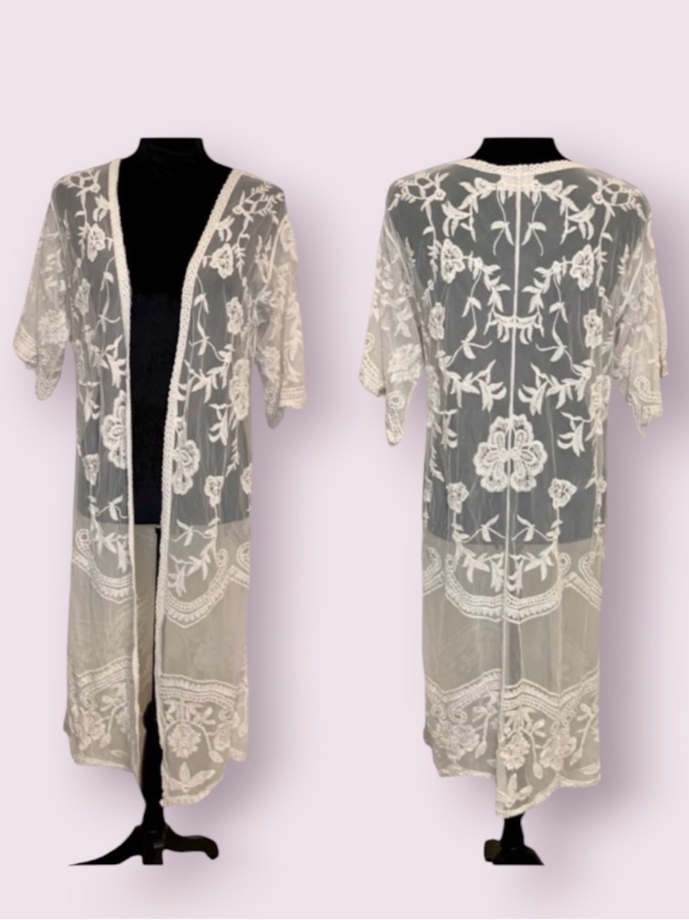 Ember Lace Mesh Embroidered Duster Cardigan Longline Kimono Ivory Size Medium